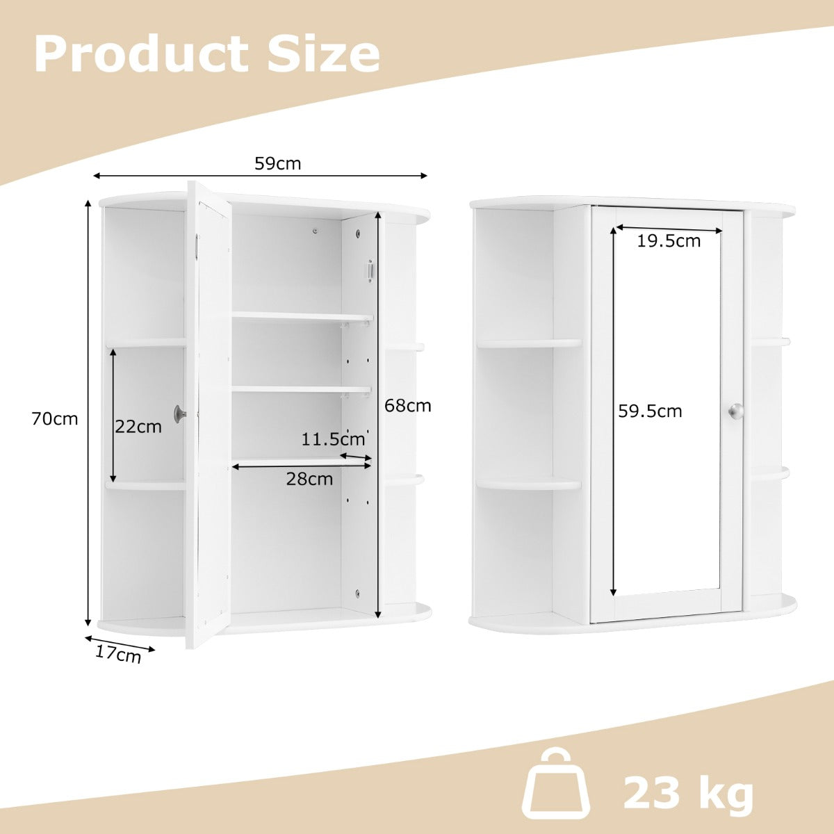 70cm Wall Mounted Storage Cabinet with Single Mirror Door-White