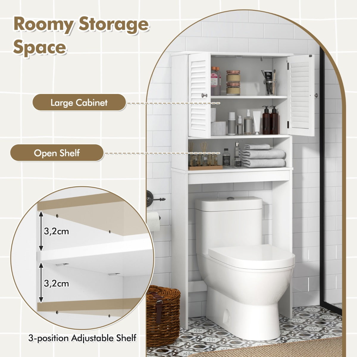 Over-The-Toilet Storage Cabinet with 2-Door Cabinet and Adjustable Shelf