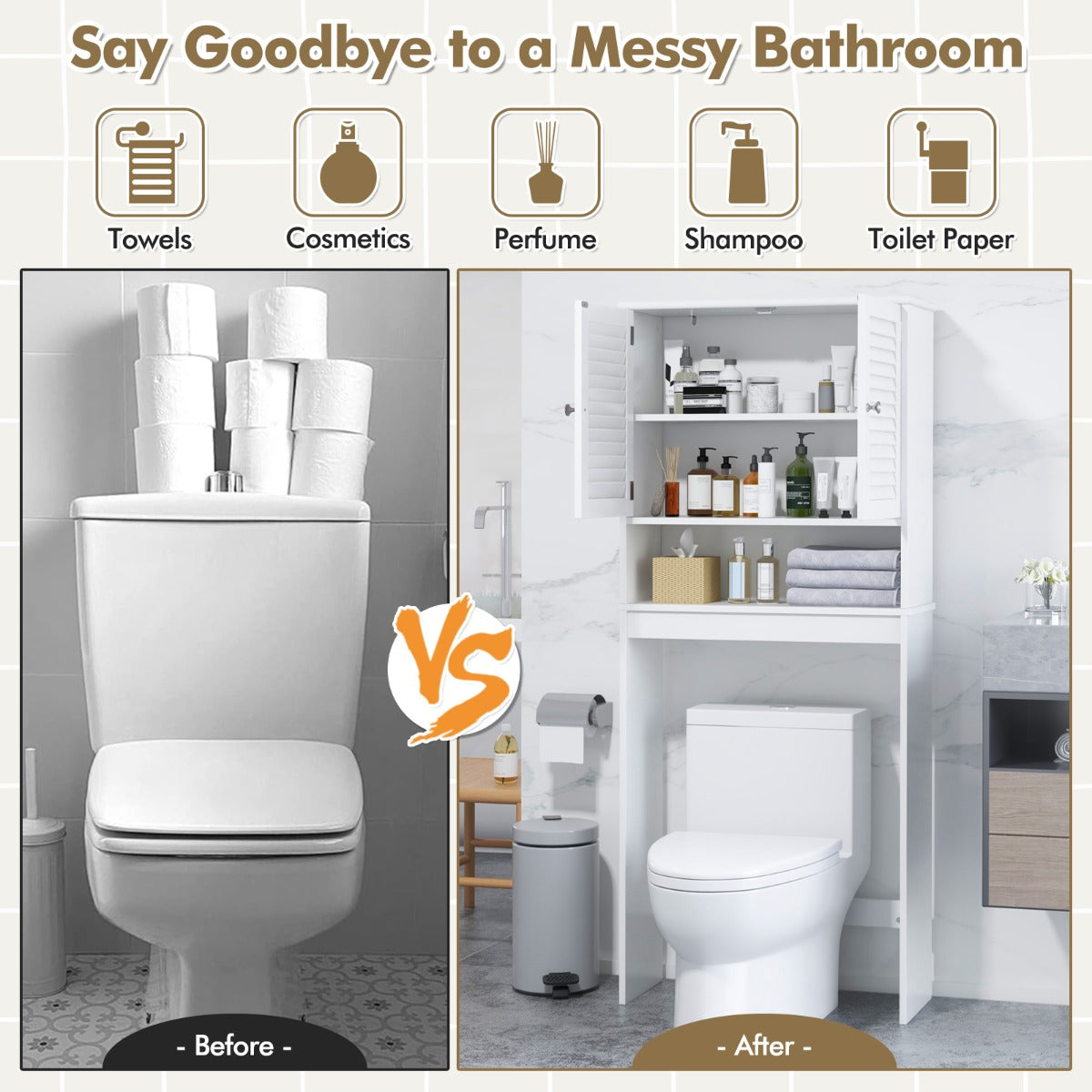 Over-The-Toilet Storage Cabinet with 2-Door Cabinet and Adjustable Shelf