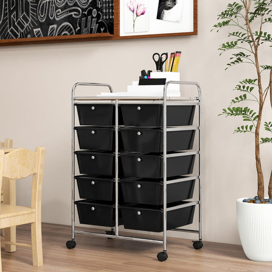 Costway 10-Drawer Storage Cart with Universal Wheels and Removable Drawer-Black