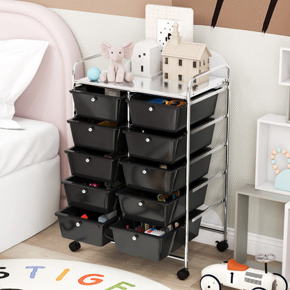 10-Drawer Rolling Storage Cart with Lockable Wheels, Black, 66 x 37 x 87 cm