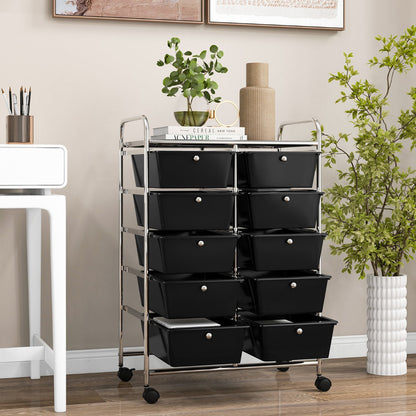 10-Drawer Rolling Storage Cart with Lockable Wheels, Black, 66 x 37 x 87 cm