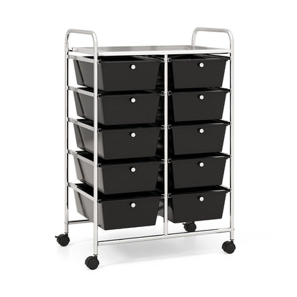 10-Drawer Rolling Storage Cart with Lockable Wheels, Black, 66 x 37 x 87 cm