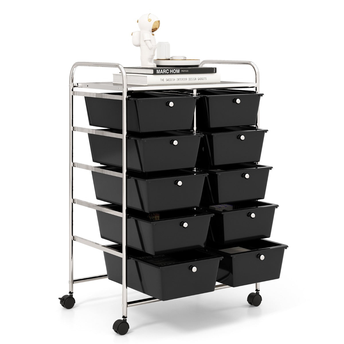 10-Drawer Rolling Storage Cart with Lockable Wheels, Black, 66 x 37 x 87 cm