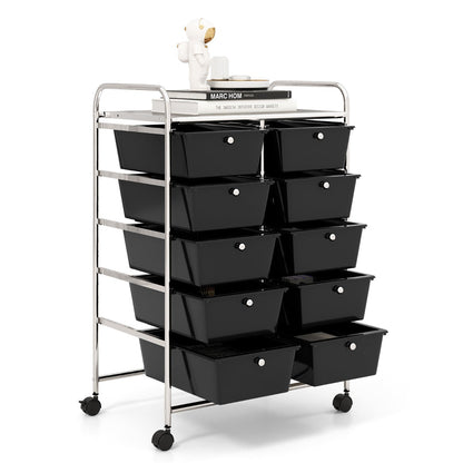 10-Drawer Rolling Storage Cart with Lockable Wheels, Black, 66 x 37 x 87 cm