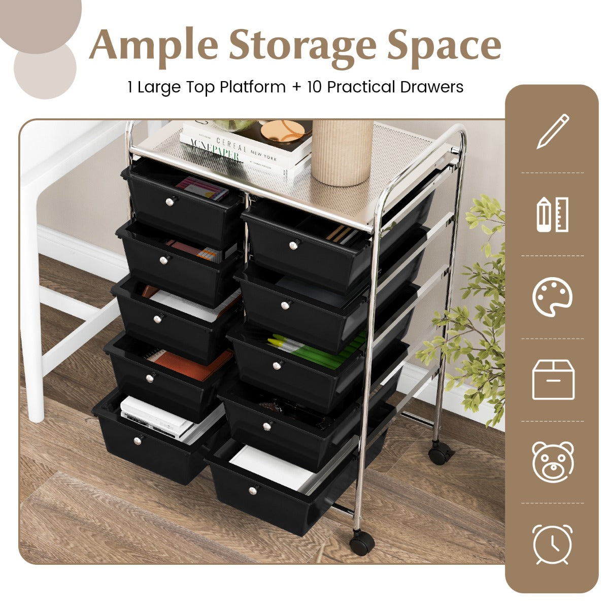 10-Drawer Rolling Storage Cart with Lockable Wheels, Black, 66 x 37 x 87 cm