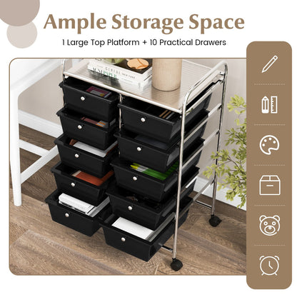 10-Drawer Rolling Storage Cart with Lockable Wheels, Black, 66 x 37 x 87 cm
