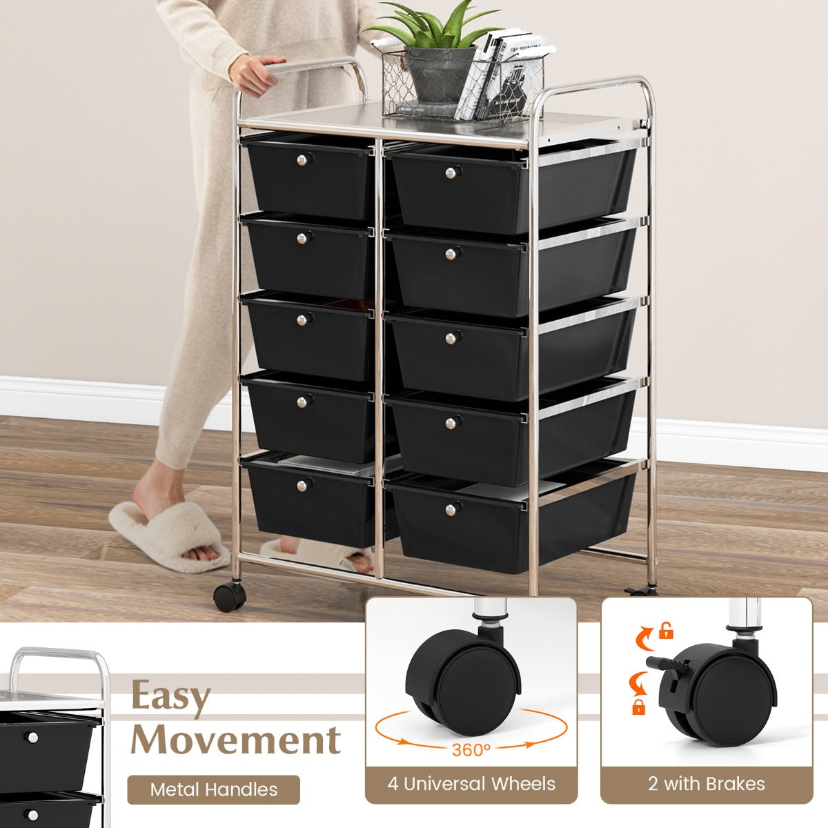 10-Drawer Rolling Storage Cart with Lockable Wheels, Black, 66 x 37 x 87 cm