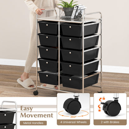 10-Drawer Rolling Storage Cart with Lockable Wheels, Black, 66 x 37 x 87 cm