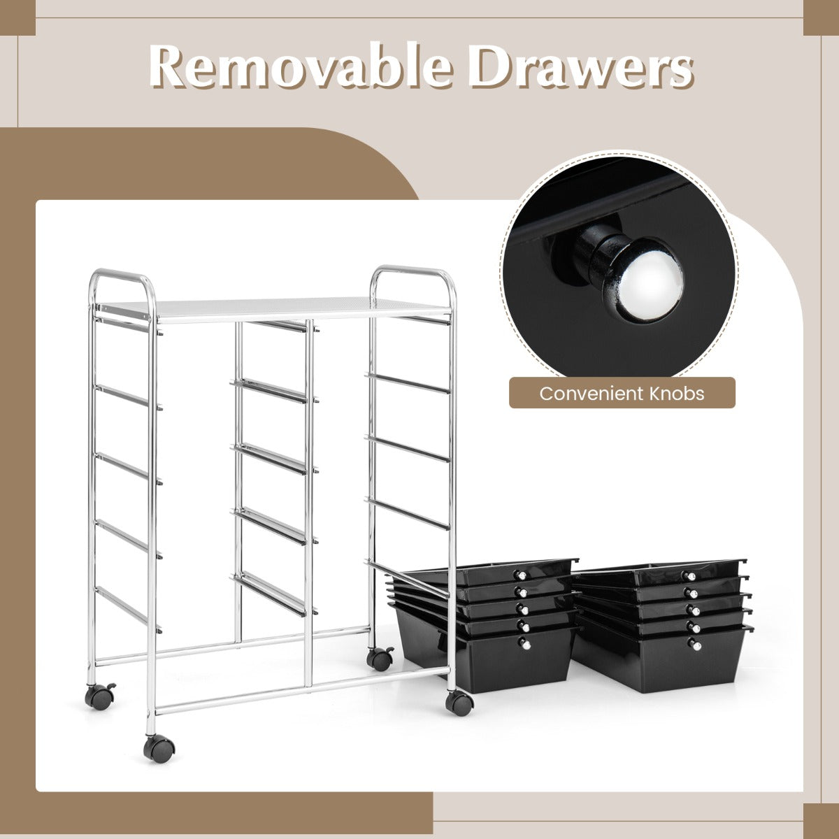 10-Drawer Rolling Storage Cart with Lockable Wheels, Black, 66 x 37 x 87 cm