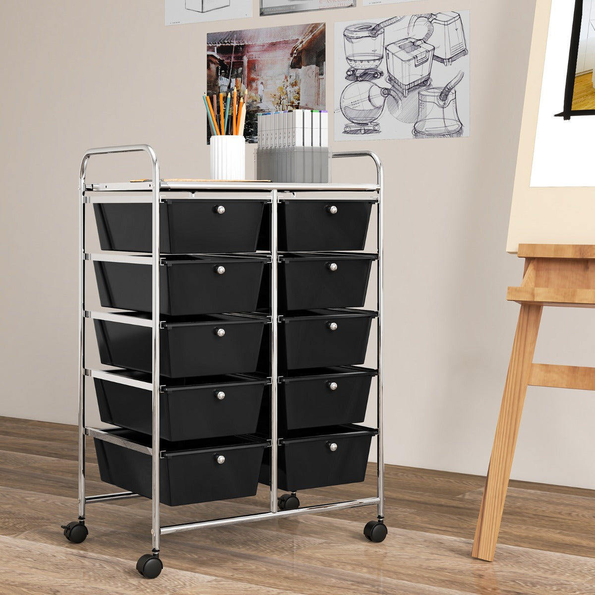 10-Drawer Rolling Storage Cart with Lockable Wheels, Black, 66 x 37 x 87 cm