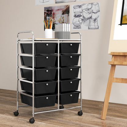 10-Drawer Rolling Storage Cart with Lockable Wheels, Black, 66 x 37 x 87 cm