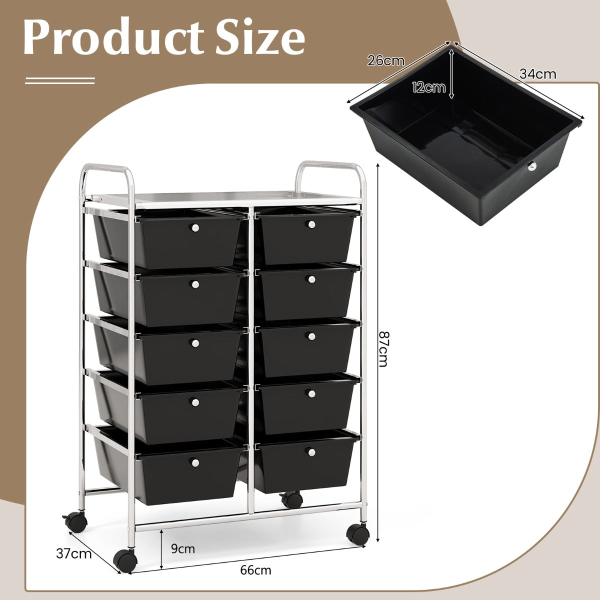 10-Drawer Rolling Storage Cart with Lockable Wheels, Black, 66 x 37 x 87 cm