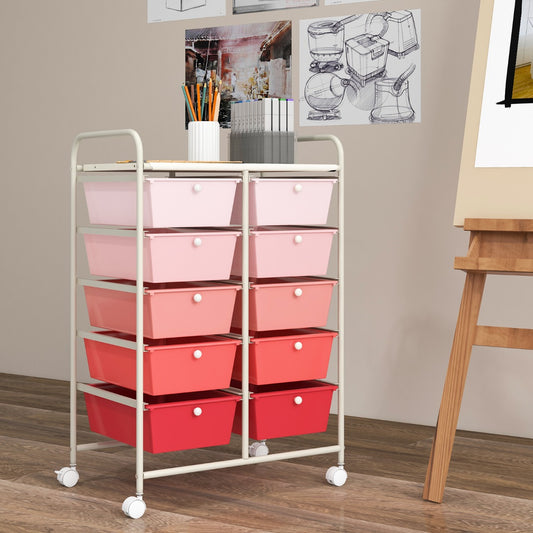 Costway 10-Drawer Storage Cart with Universal Wheels and Removable Drawer-Pink