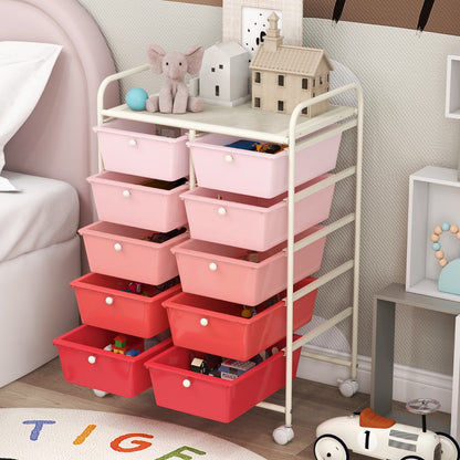 10-Drawer Mobile Storage Cart with Removable Drawers and Lockable Wheels
