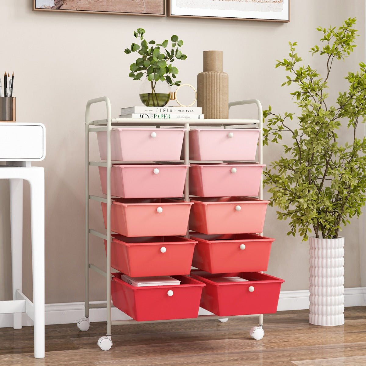 10-Drawer Mobile Storage Cart with Removable Drawers and Lockable Wheels