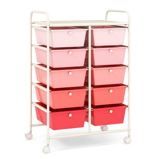 Costway 10-Drawer Storage Cart with Universal Wheels and Removable Drawer-Pink
