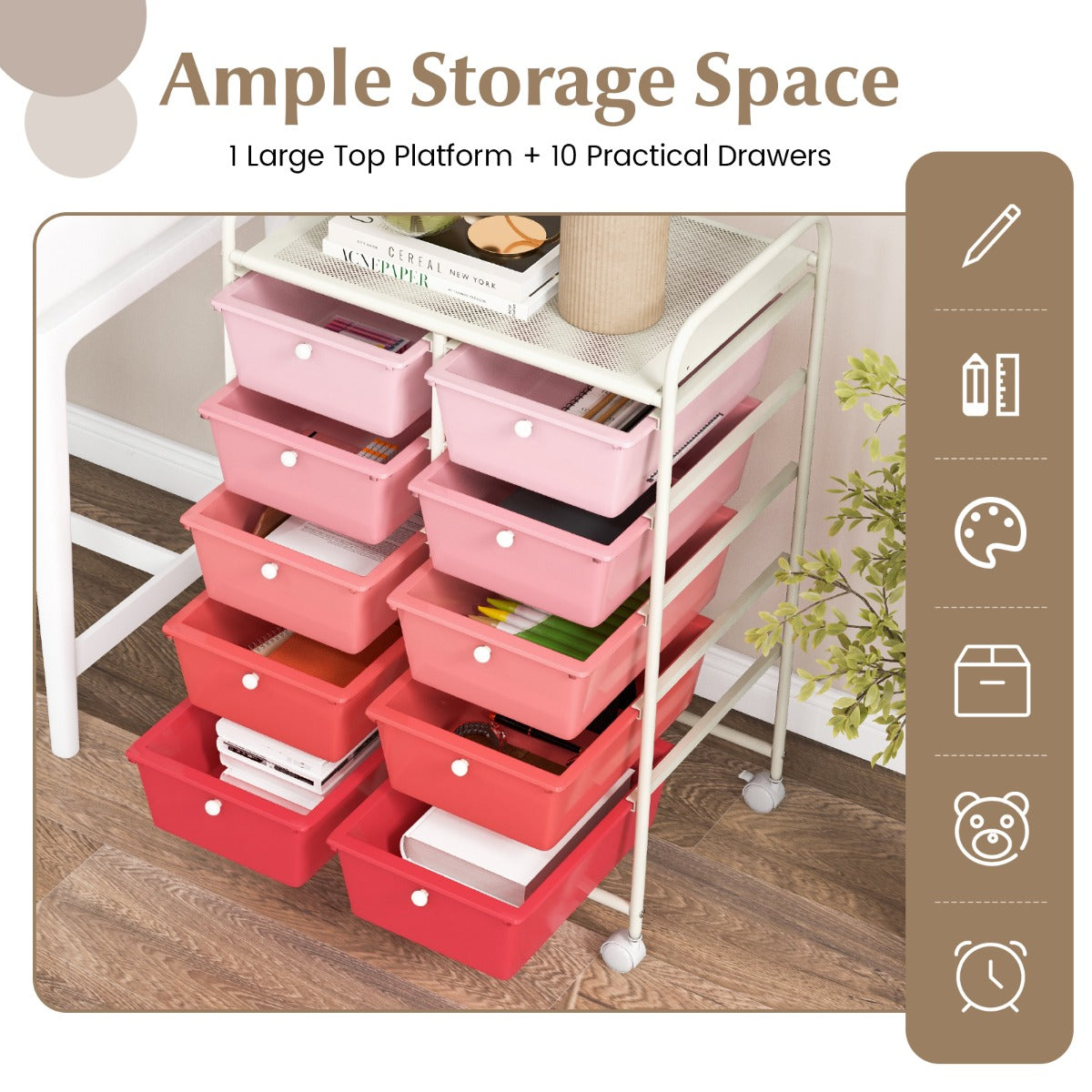 10-Drawer Mobile Storage Cart with Removable Drawers and Lockable Wheels