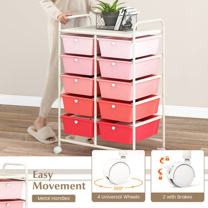 10-Drawer Mobile Storage Cart with Removable Drawers and Lockable Wheels