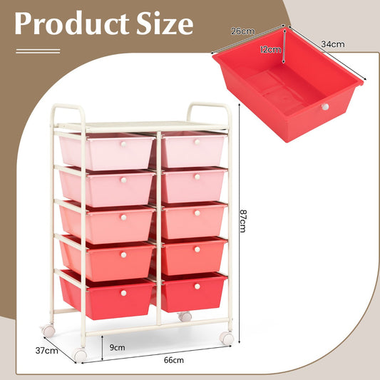 10-Drawer Mobile Storage Cart with Removable Drawers and Lockable Wheels