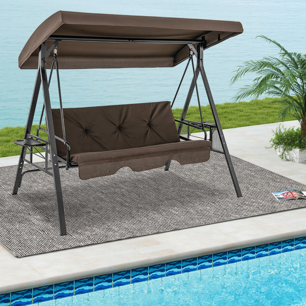 2-in-1 Patio Convertible Swing Chair to Flat Bed-Brown