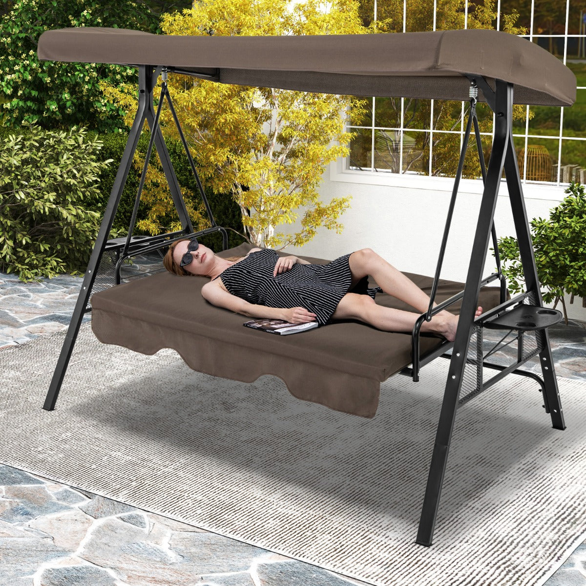 2-in-1 Patio Convertible Swing Chair to Flat Bed-Brown