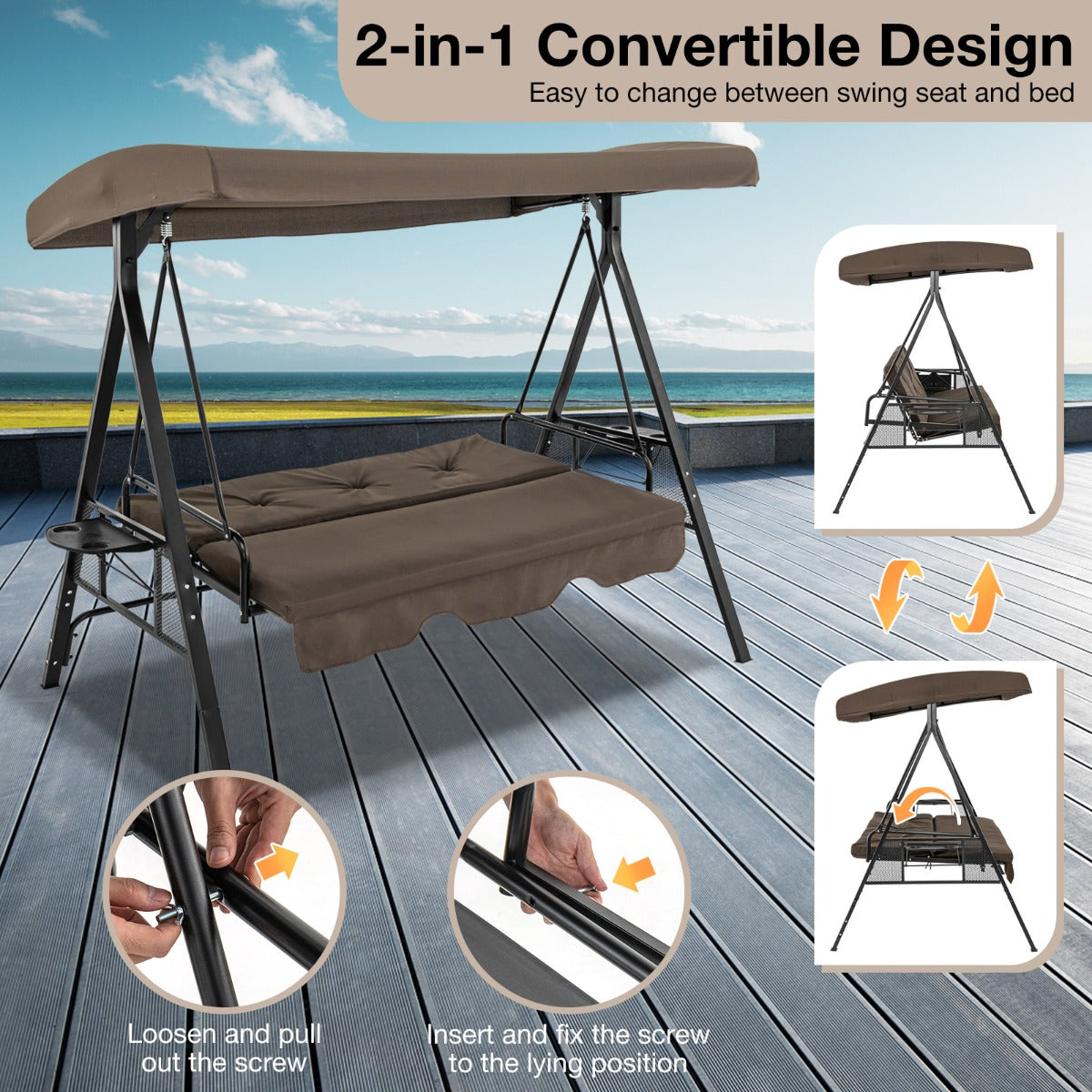2-in-1 Patio Convertible Swing Chair to Flat Bed-Brown
