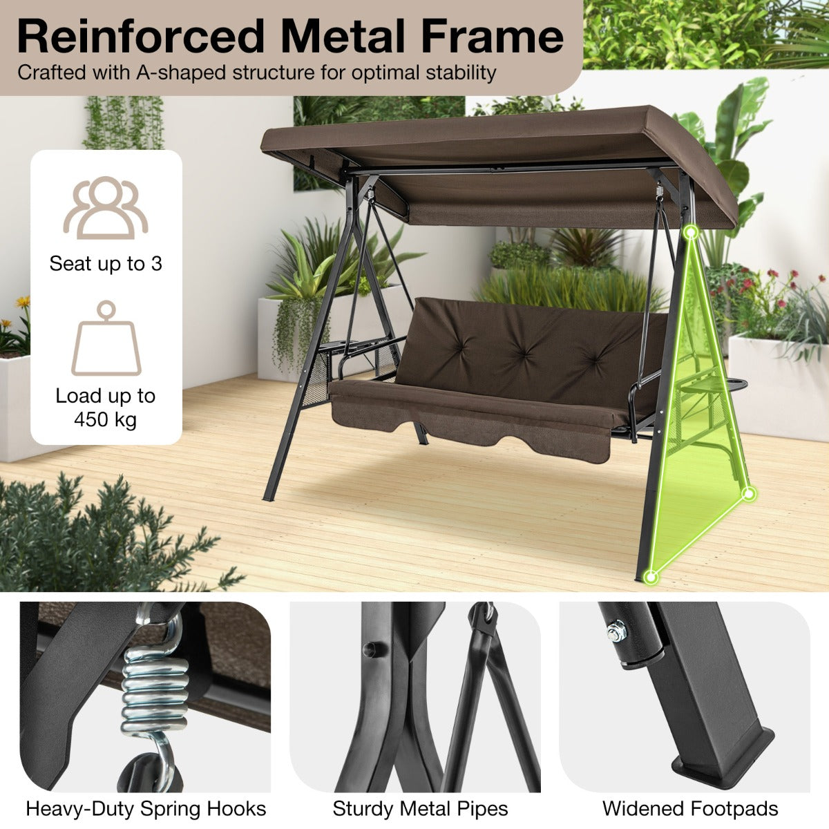 2-in-1 Patio Convertible Swing Chair to Flat Bed-Brown
