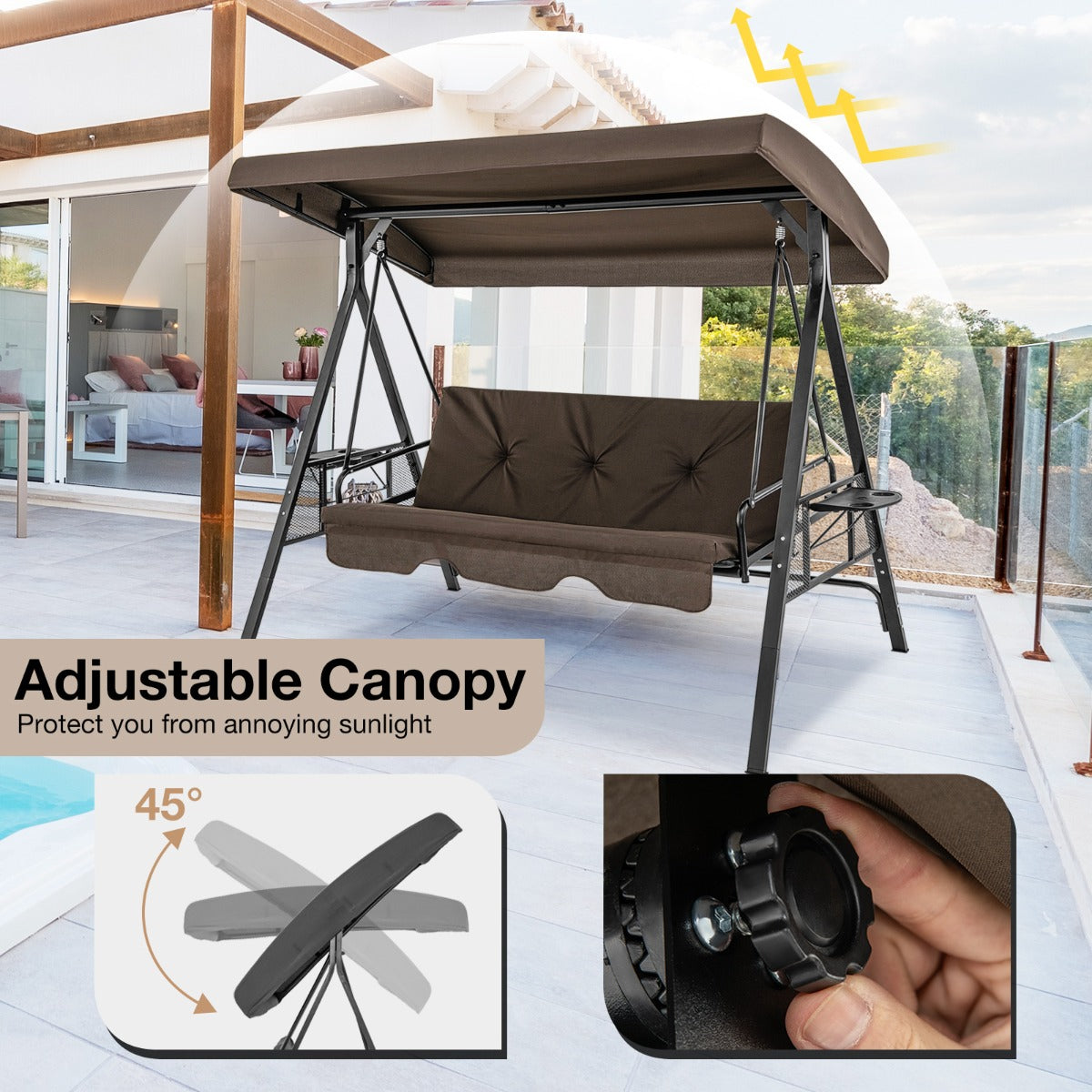 2-in-1 Patio Convertible Swing Chair to Flat Bed-Brown