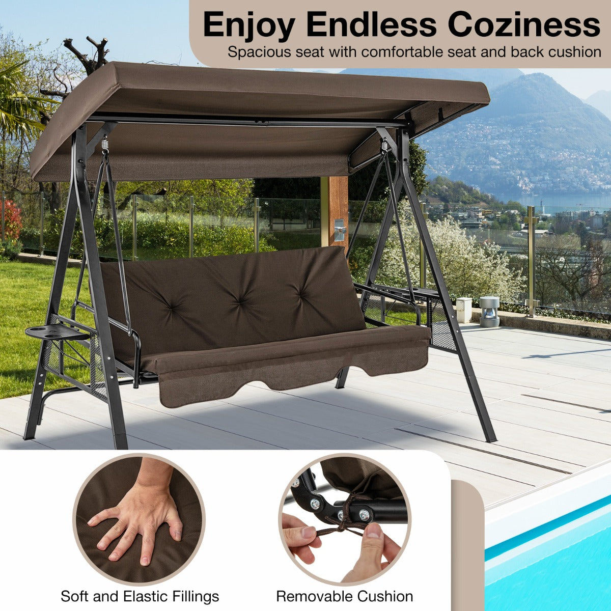 2-in-1 Patio Convertible Swing Chair to Flat Bed-Brown