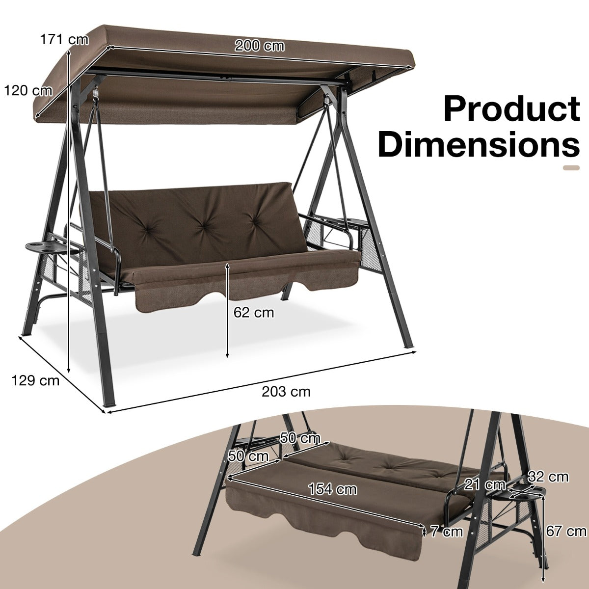 2-in-1 Patio Convertible Swing Chair to Flat Bed-Brown