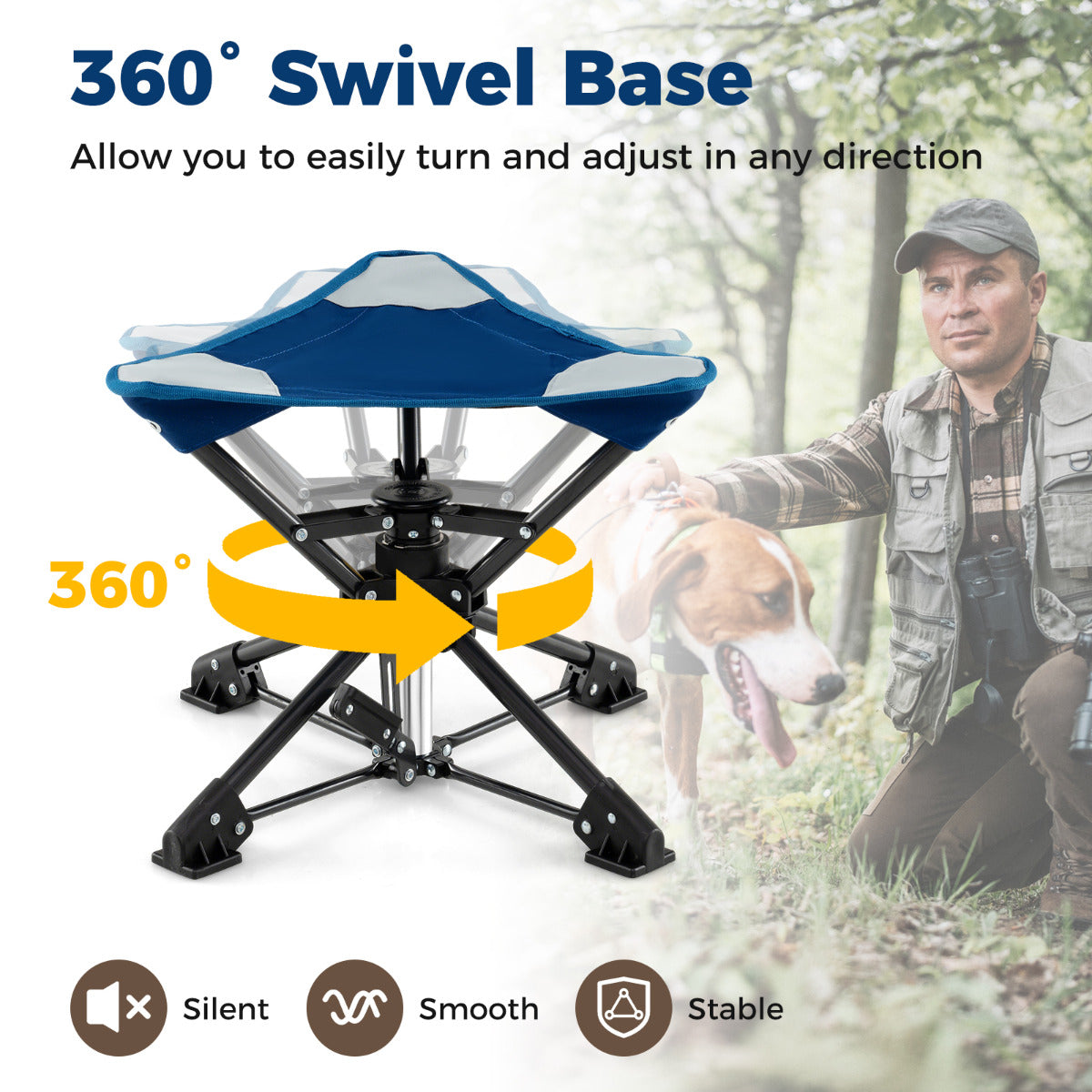 Folding Camping Stool 360° Swivel Hunting Chair with Anti-Sink Feet-Blue