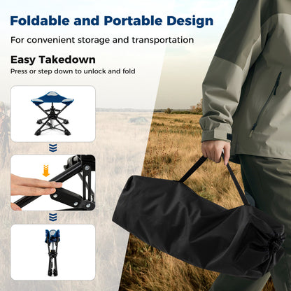 Folding Camping Stool 360° Swivel Hunting Chair with Anti-Sink Feet-Blue