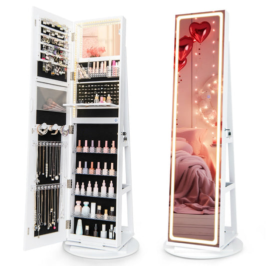 Large mirrored jewelry cabinet includes earring slots, ring holders, necklace hooks and storage shelves