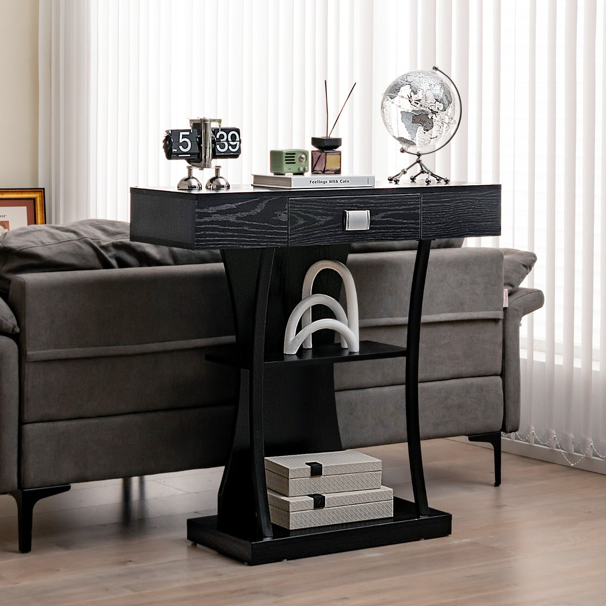T-Shaped Console Table with Drawer, Shelves and Dual Anti-Tipping Kits-Black