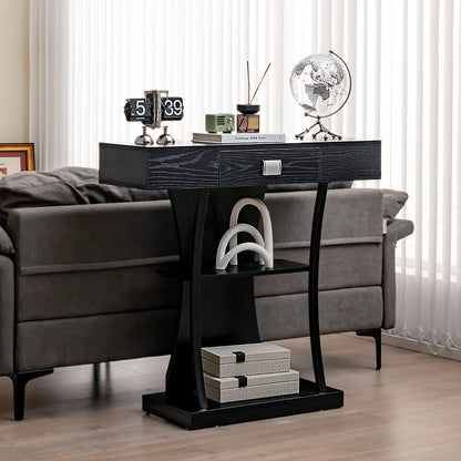 T-Shaped Console Table with Drawer, Shelves and Dual Anti-Tipping Kits-Black