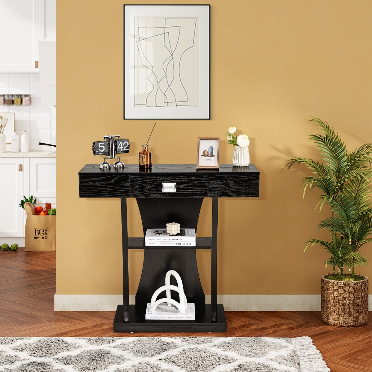 T-Shaped Console Table with Drawer, Shelves and Dual Anti-Tipping Kits-Black