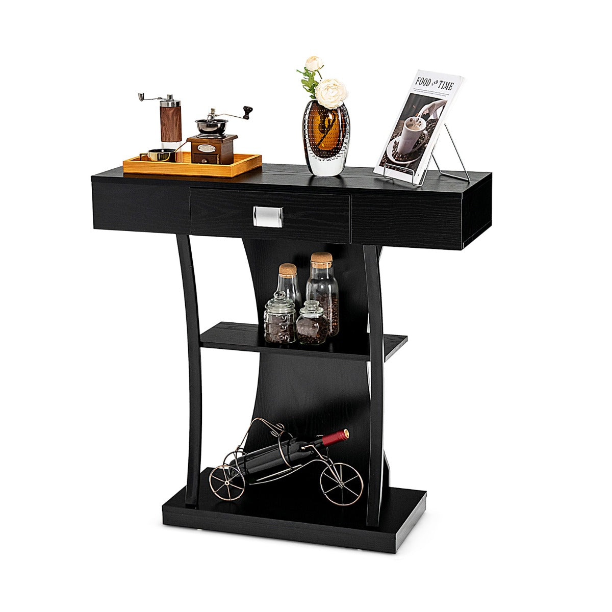 T-Shaped Console Table with Drawer, Shelves and Dual Anti-Tipping Kits-Black