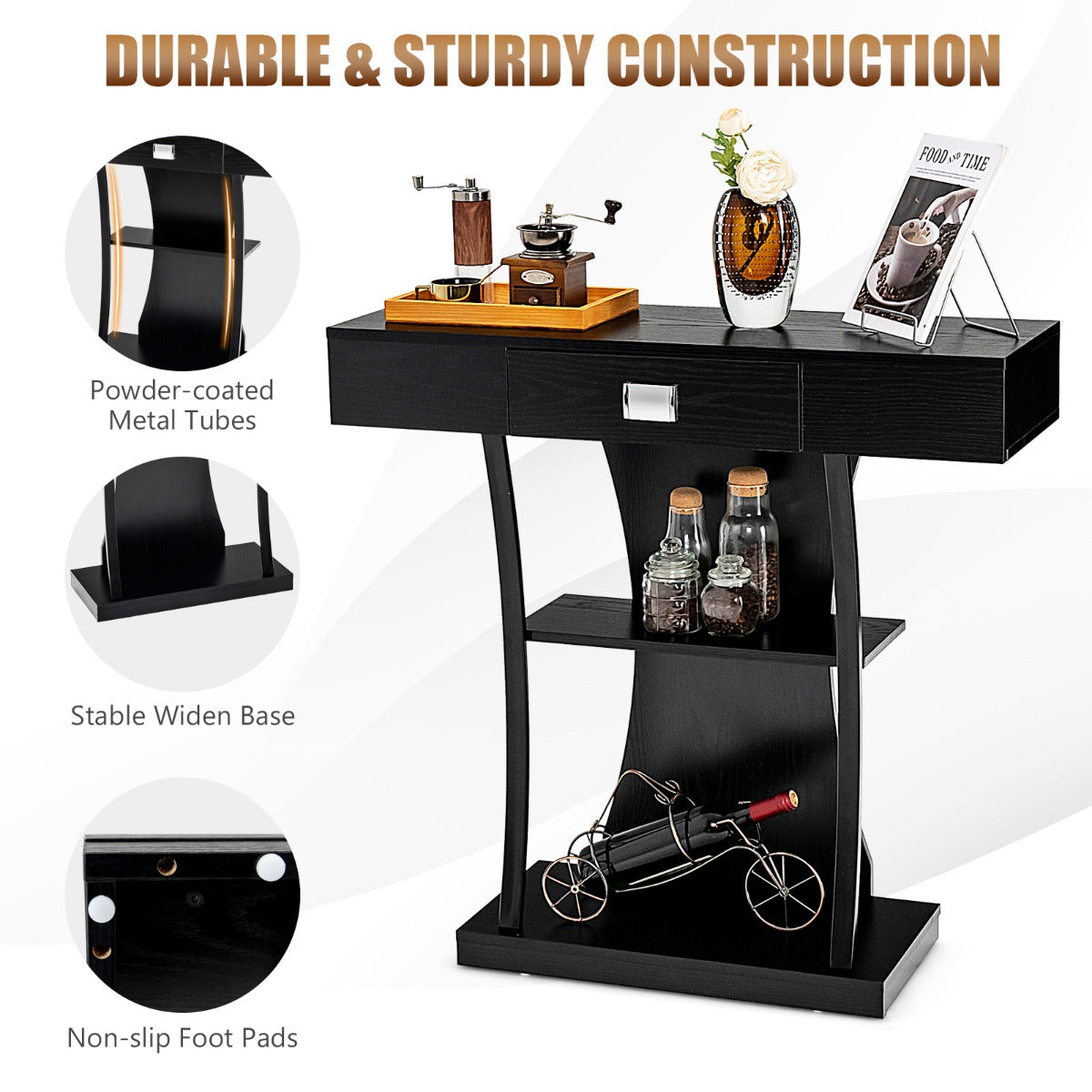 T-Shaped Console Table with Drawer, Shelves and Dual Anti-Tipping Kits-Black
