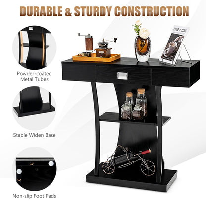 T-Shaped Console Table with Drawer, Shelves and Dual Anti-Tipping Kits-Black