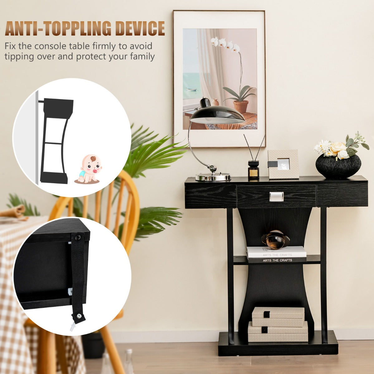T-Shaped Console Table with Drawer, Shelves and Dual Anti-Tipping Kits-Black