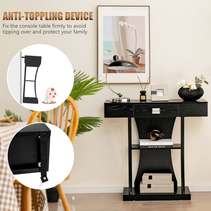 T-Shaped Console Table with Drawer, Shelves and Dual Anti-Tipping Kits-Black