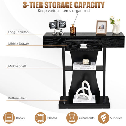 T-Shaped Console Table with Drawer, Shelves and Dual Anti-Tipping Kits-Black