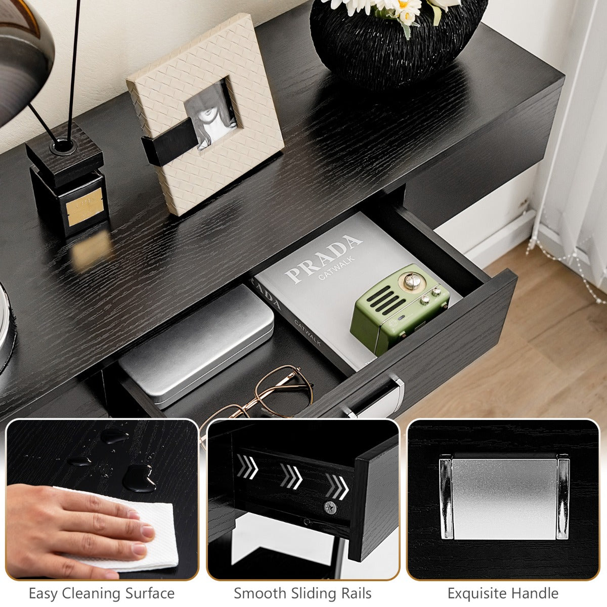 T-Shaped Console Table with Drawer, Shelves and Dual Anti-Tipping Kits-Black