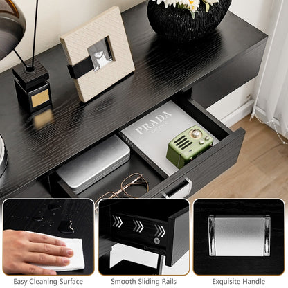T-Shaped Console Table with Drawer, Shelves and Dual Anti-Tipping Kits-Black
