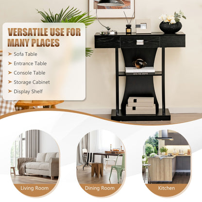 T-Shaped Console Table with Drawer, Shelves and Dual Anti-Tipping Kits-Black