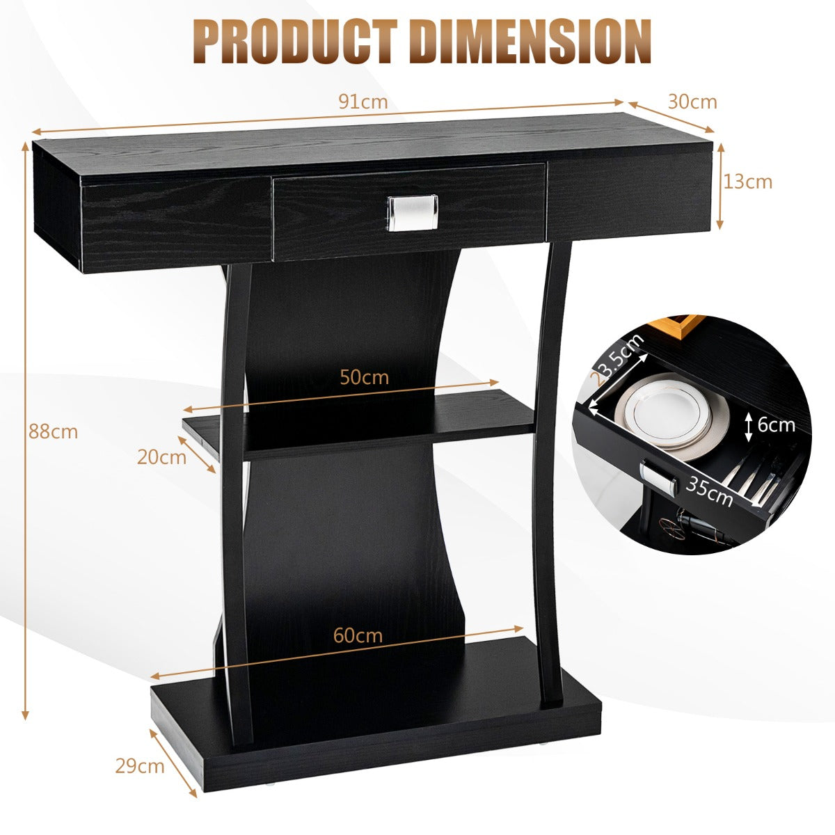 T-Shaped Console Table with Drawer, Shelves and Dual Anti-Tipping Kits-Black