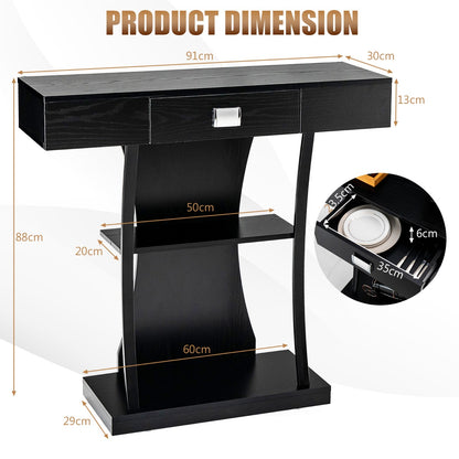 T-Shaped Console Table with Drawer, Shelves and Dual Anti-Tipping Kits-Black