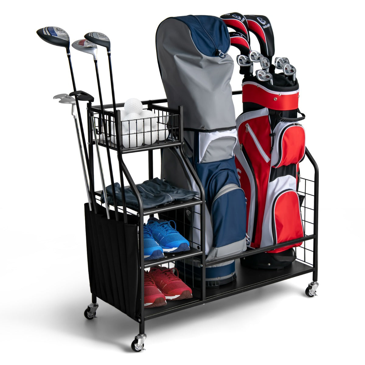 Golf Bag Storage Rack with Lockable Universal Wheels for Golfing Equipment