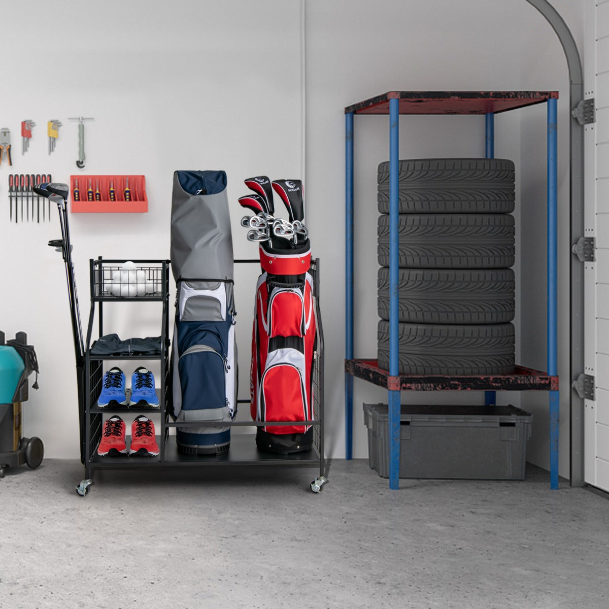 Golf Bag Storage Rack with Lockable Universal Wheels for Golfing Equipment